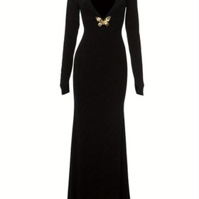 Resim Kadınların Zarif Seksi Derin V Yaka Sırtı Açık Vücut Mermaid Elbisesi Kelebek Süslemeleri ile - Yaz için Uzun Kollu Zemin Boyu Resmi Parti Akşam Elbisesi, Düz Siyah 