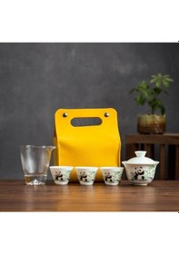 Resim Reedark Seyahat İçin Taşınabilir Çay Seti: 1 Fincan + 3 Bardak, Arabada/kampta Kullanım, İş Hediyesi, Panda Desenli Sarı Çanta 