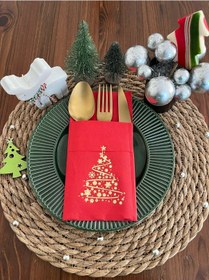 Resim Gold Yaldızlı Kırmızı Cepli Çam Ağacı Peçete 12 Adet 40x40 