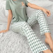 Resim Kadınlar için Günlük Pijama Takımı - Ayı Baskılı Kısa Kollu Üst ve Ekose Pantolon, İlkbahar/Yaz 