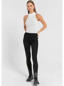 Resim Miss Poem Kadın Kolsuz Slim Fit Boğazlı Fitilli Kısa Antrasit Triko Crop Ekru 