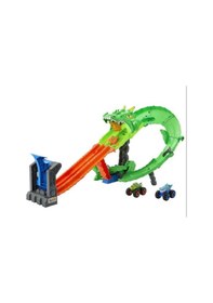 Resim Hot Wheels Monster Trucks Sharks Vs Dinos Dragon Demolition Track Set Jfr06 