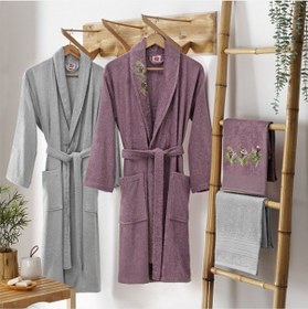 Resim Taç Soft Bambu Aile Bornoz Seti Floret Mürdüm Gri Gri - Mürdüm 