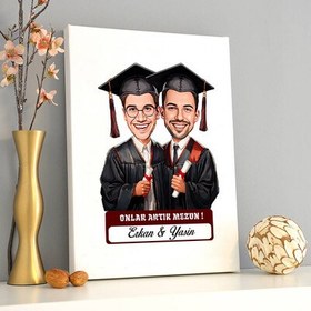 Resim Karikatürlü Üniversiteli İki Erkek Arkadaş Mezuniyet Kanvas Tablo 