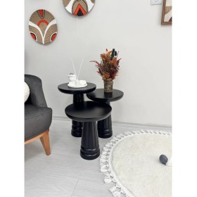 Resim Aselya Home Doğal Ahşap 3'lü Set Mantar Yan Sehpa Modern Siyah Fiskos Zigon Çiçeklik 