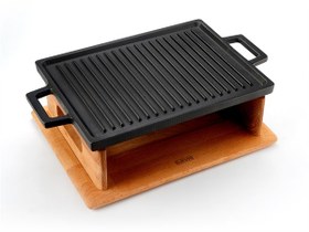 Resim Lava Döküm Dikdörtgen Çift Yön Izgara Hot Plate Döküm Demir Yekpare Çift Kulplu Kayın Servis Ahşabı Ölçü 22x30 cm (Isıtıcı Dahil Değildir) Siyah 