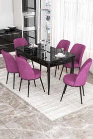 Resim Canisa Kor Serisi, Siyah Mermer Desen 70x114 Açılabilir Yemek Masası Takımı, 6 Sandalye 