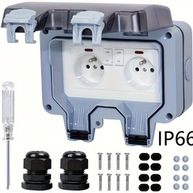 Resim AXOTEN AC 250V Gösterge Işığı Anahtarı ile Flip-Top Elektrikli Soket Kutusu, Mutfak, Banyo, Bahçe Duvar Soketleri için 16A Çift Soket Kutusu - Pil Gerektirmez, Kolay Kurulum, Banyo Soket Kutusu, AXOTEN 