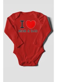 Resim I Love Mom And Dad Baskılı Bebek Zıbını Çıtçıtlı Body %100 Pamuk Uzun Kol Kırmızı 