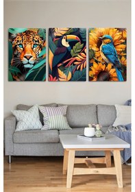 Resim Metal Tablo 3'lü Set, Doğal Hayvanlar, Kuş, Kaplan, Papağan, Egzotik Dekoratif 