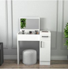 Resim Arnetti İnci Beyaz Aynalı Makyaj Masası – Çekmeceli, Dolaplı & Şık Tasarım 