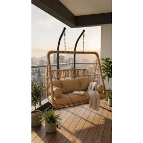 Resim Bürosaray 2 Kişilik Rattan Görünümlü Bahçe Balkon Salıncağı Minderli Geniş Oturumlu Teras Veranda Dış Mekan Salıncak 