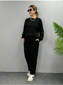 Resim Kadın Uzun Kollu Bisiklet Yaka Viskon Iki Iplik Bluz Ve Pantolon Ikili Takım Siyah 