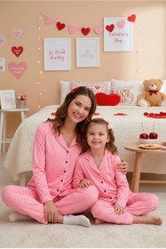 Resim rindahomewear Anne-Kız Puantiye Desenli Örme Düğmeli Uzun Kollu Pijama Takımı 