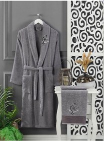 Resim 4 Parça Aile Bornoz Seti Kadın Erkek Havlulu Bornoz Takımı Fuşya (547429861) 