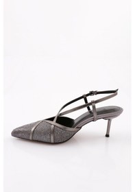 Resim Dgn 1770 Kadin Sivri Burun Taşli Parmak Dekolteli Çapraz Bant Arkasi Açik Topuklu Ayakkabi Platin Saten 