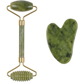 Resim İLTERUS Doğaltaş Yeşim Face Roller (BİR TARAFI TIRTIKLI) Ve Yeşim Kalp Gua Sha Yüz Masaj Taşı Set 