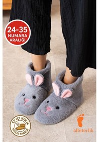 Resim Albishoes Kız Çocuk Kulak Tavşan Figürlü Ev Botu Panduf Çocuk Peluş Rahat Sessiz Taban Ev Ayakkabısı Gri 