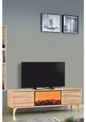 Resim Rüya Dekoratif Şömineli Tv Sehpası Atlantik Çam Gold Kulplu 2 Kapaklı Alev Efektli 150x50x36 Cm 