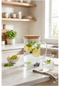 Resim 1500 Ml Borosilikat Cam Sürahi Bambu Kapaklı Isıya Dayanıklı Modern Tasarım Su Meşrubat Detoks Karaf 