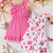 Resim 2 Adet Genç Kızlar İçin Rahat ve Günlük Ekose ve Çiçek Desenli Tulumlar - Yaz Tatili Stili, Polyester/Spandex Karışımı, Fırfır Detay, Şeffaf Değil - Yaz İçin Mükemmel, Dış Mekan İçin Mükemmel 