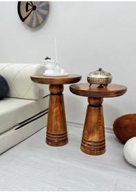 Resim AYLESA Ahşap 2’li Set Mantar Yan Sehpa Modern Açık Ceviz Fiskos Zigon Çiçeklik 