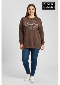 Resim Süperlife Kadın Büyük Beden El Yazılı Brooklyn Baskılı Bisiklet Yaka İnce Sweatshirt Spr26bswk956-6 Kahverengi 