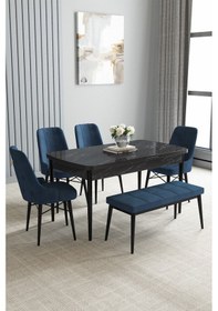 Resim Jusie Siyah Mermer Desen 80x132 Açılabilir Yemek Odası Takımı 4 Sandalye, 1 Bench Lacivert 