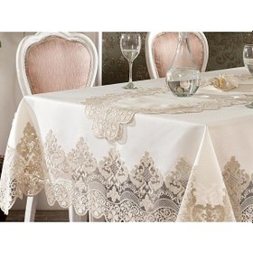 Resim Fransız Güpürlü Yakut Masa Örtüsü Takımı 26 Parça Ekru Altın 