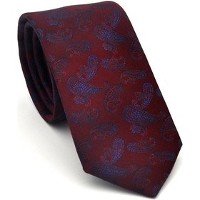 Resim Gaffy Lacivert Şal Desenli Bordo Dokuma Kumaş Mendilli Slim Fit Kravat // Sdk-2507-3 Bordo 