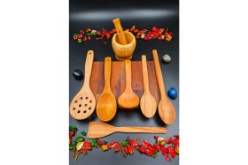 Resim El Işçiliği 8'li Doğal Ahşap Mutfak Seti, Servis ve Pişirme Araçları 