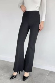 Resim Kadın Bel Lastikli Taş İşlemeli Likralı İspanyol Paça Pantolon Siyah TZL-P-00020549 
