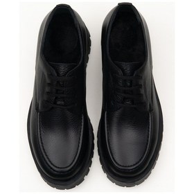 Resim Hakiki Deri Bağcıklı Kadın Loafer Ayakkabı Kalın Taban Siyah 