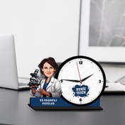 Resim Kadın Patolog Karikatürlü MDF Masa Saati 