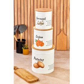 Resim 3 Katlı Ahşap Kapaklı Metal Patates Soğan Kovası - Sebzelik - Patates Soğanlık Sepeti Krem 