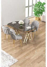 Resim Canisa Zae Serisi 90x168 Lak Panel Antrasit Ironi Gold Ayak Masa Takımı 4 Gri Sandalye Antrasit İroni Masa Gri Sandalye Ayaklar Gold 