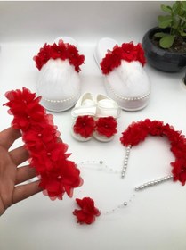 Resim ArdaStore Anne Bebek Kırmızı Çiçekli Logusa Seti Terlik Taç Bandana Bebek Patiği 