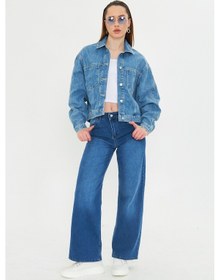 Resim Mavi Yıkamalı Oversize Denim / Kot Ceket Orta Mavi 