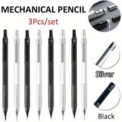 Resim 3 adet Yüksek Kaliteli Mekanik Kalem, 0.3/0.5/0.7/0.9/2.0mm Kurşun Kalınlığı, Silgi ile Geri Çekilebilir, Ergonomik Tutuşlu, Sanat, Ofis Yazısı ve Çizim için - Profesyonel Metal Tasarım, Ofis Yazı Araçları, Şık Metalik Kaplama, Hassas Yazı Araçları 
