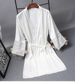 Resim Sones Bornozlar Zarif Pijama Dantel Kadın Elbise Kimono İpek Bornoz Beyaz 