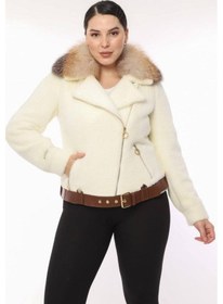 Resim Lady Sharm Natural Lama Deri Kemer Yaka Kaban Krem 