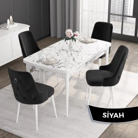 Resim Canisa Concept Noa Serisi,80 x 132 cm Açılabilir Mdf Masa,beyaz Mermer Desen Mutfak Masa Takımı, 4 Sandalye Gümüş Halkalı 