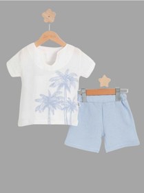 Resim Palmiye Baskılı Şortlu Erkek Takım Beyaz/mavi Beyaz - Mavi 