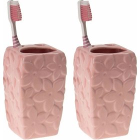 Resim 2 Adet Seramik Diş Fırçalık Çiçekli Pembe Model 7x7x12cm Banyo Seti Çok Renkli 