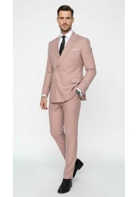 Resim Erkek Slim Fit Çizgili Takım Elbise 2 Top Düğmeli, Çift Yırtmaçlı Modern Kesim Kiremit 