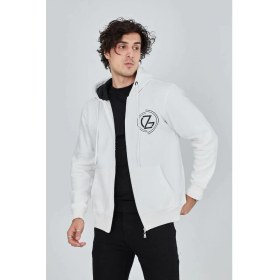 Resim Marsilyan Erkek 3 Iplik Pamuklu Fermuarlı Kapüşonlu Kanguru Cepli Baskılı Hoodie Hırka Sweatshirt - Beyaz 