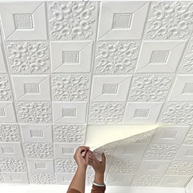 Resim 20 adet/50 adet/100 adet 35x35 cm / 13.78 inç x 13.78 inç DIY 3D Tavan Köpük Sticker Kendinden Yapışkanlı Su Geçirmez Oda Dekorasyonu Oturma Odası Banyo Mutfak Yatak Odası 