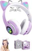Resim Favors Kedi Figürlü Kulaküstü Bluetooth Kulaklık Kedicikli Patili Işıklı Bluetooth + Kablolu Kulaklik Mor 