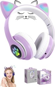 Resim Favors Kedi Figürlü Kulaküstü Bluetooth Kulaklık Kedicikli Patili Işıklı Bluetooth + Kablolu Kulaklik Mor 