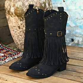 Resim Kadınların Kalın Topuklu, Sivri Burunlu ve Fringe Detaylı Sahte Orta Kalkan Botları - Vintage Batı Tarzı, Rahat Fermuar Kapanışı, Sonbahar ve Kış İçin Çok Yönlü, Rahat Botlar | Kalın Topuklu Botlar | Sentetik Kapak Botları 